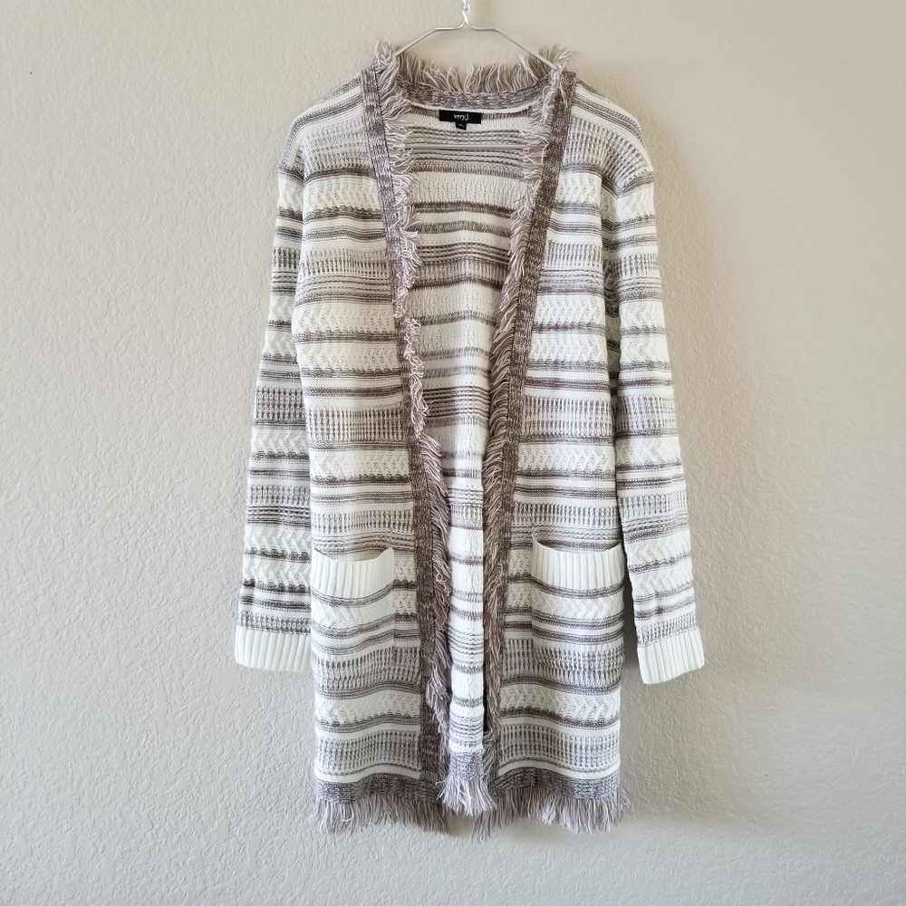 VERY J Boho Stripe Fringe Cardigan Sweater Size Small